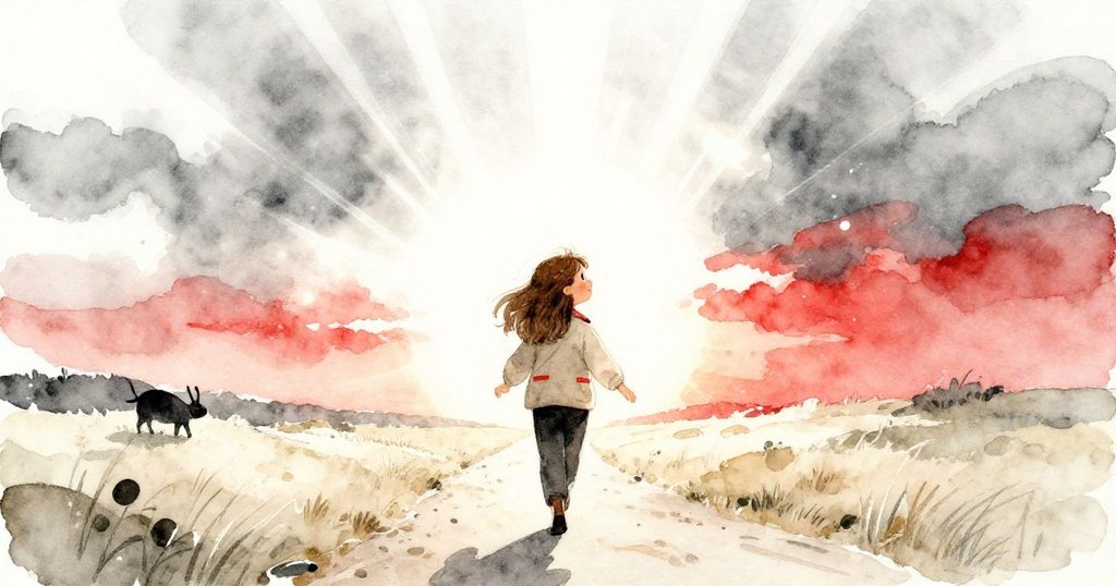 安娜沿著彎曲小徑走向開闊落日地平線，臉上洋溢著希望與喜悅，展現與大自然緊密聯繫的美妙瞬間。