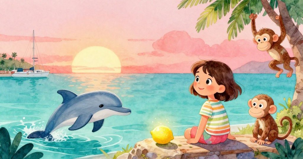 安娜坐在充滿熱鬧氛圍的海港中，和海豚與猴子互動，背景樹木綠意盎然，展現探索與歡樂的故事開端。