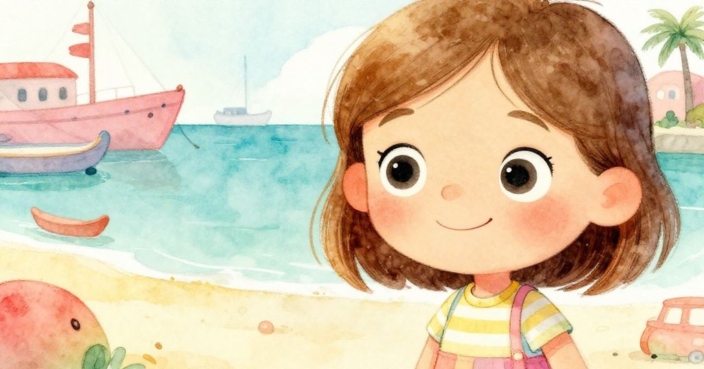 安娜面帶驚喜細看海豚與猴子，眼神溫柔充滿好奇，海港背景柔和展現故事發展。