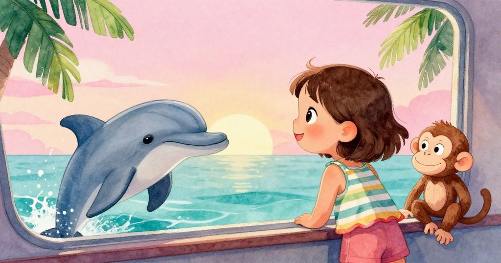 安娜透過小船窗戶望向海港，海豚和猴子忙著計劃冒險，窗外夕陽映照海面，內心滿是期待。