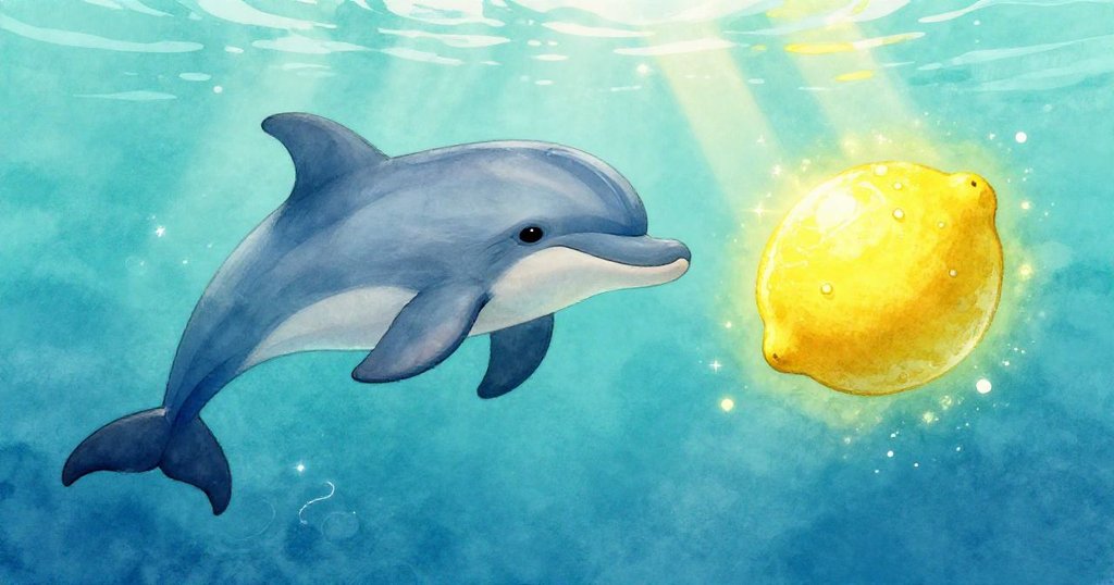 海底景象中，海豚優雅游動，旁邊漂浮著明亮多汁的小檸檬，整體水景展現故事高潮的奇幻感。