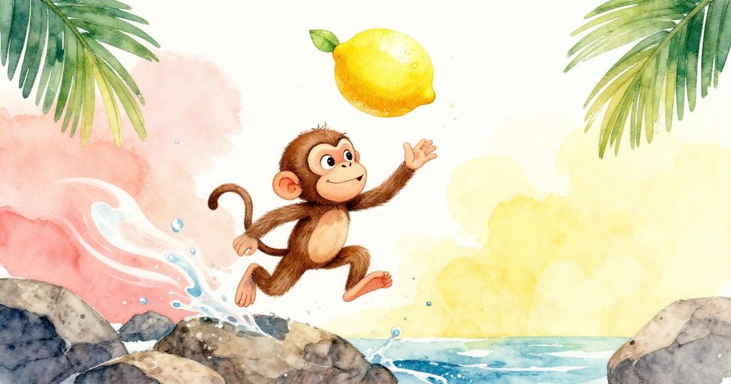 猴子在海港岩石上靈活跳躍，迅速抓取漂浮的小檸檬，動態情景充滿活力與歡樂，情節達到高潮。