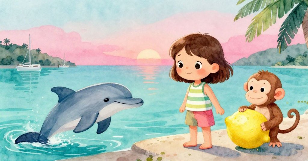 安娜與海豚、猴子和小檸檬在寧靜海港中互送微笑，背景夕陽映照下波光粼粼，展現故事結局的平和與喜悅。