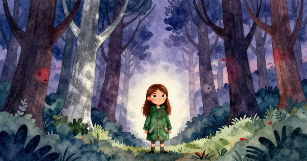 勞拉站在寧靜森林邊緣，背負小包，眼神充滿期待與平靜，夜幕初降展開探險序幕。