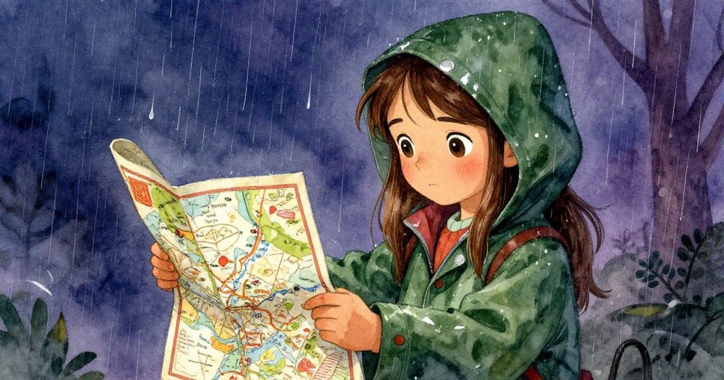 勞拉低頭仔細查看一張古老地圖，雨滴點綴紙面，映出森林秘密與冒險謎團。