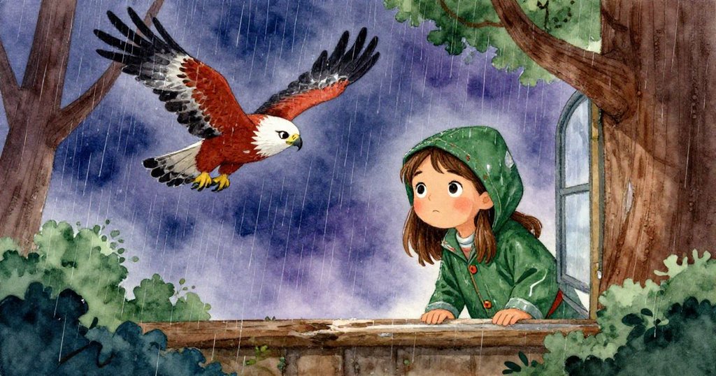 勞拉透過樹洞窗望向雨中飛翔的鷹，神情充滿好奇與希望，森林中展現微妙光影。