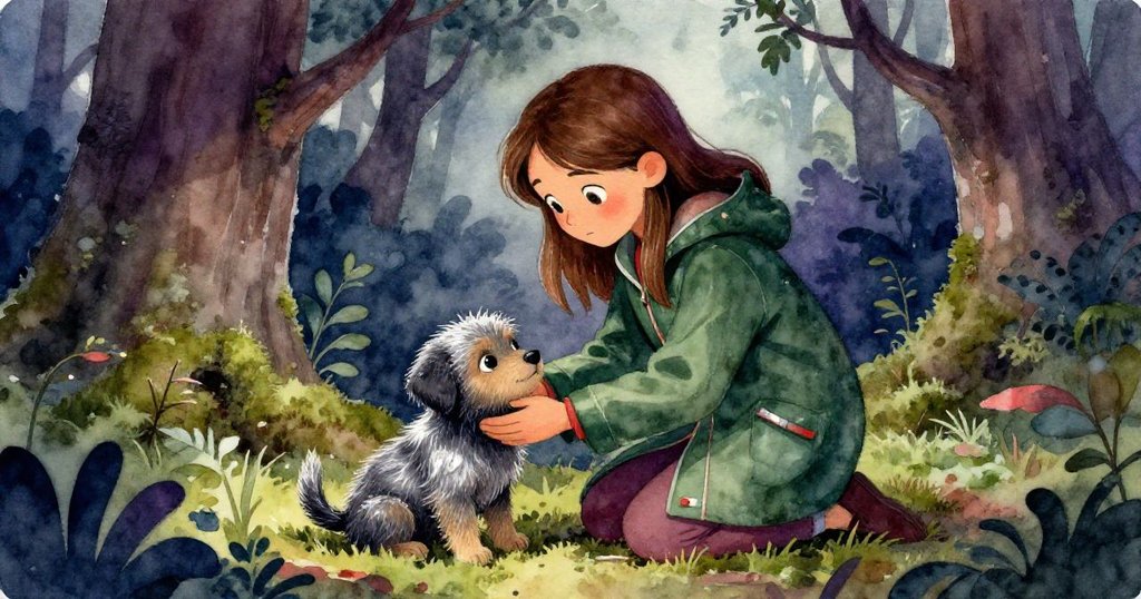 在隱蔽森林角落，勞拉溫柔撫摸迷路小狗，情感真摯，環境古樸充滿自然氣息。