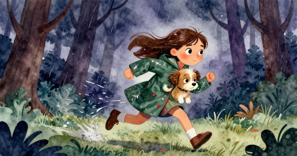 風雨交加中，勞拉急奔擁抱小狗尋找避雨處，身姿堅毅展現緊迫與勇敢精神。