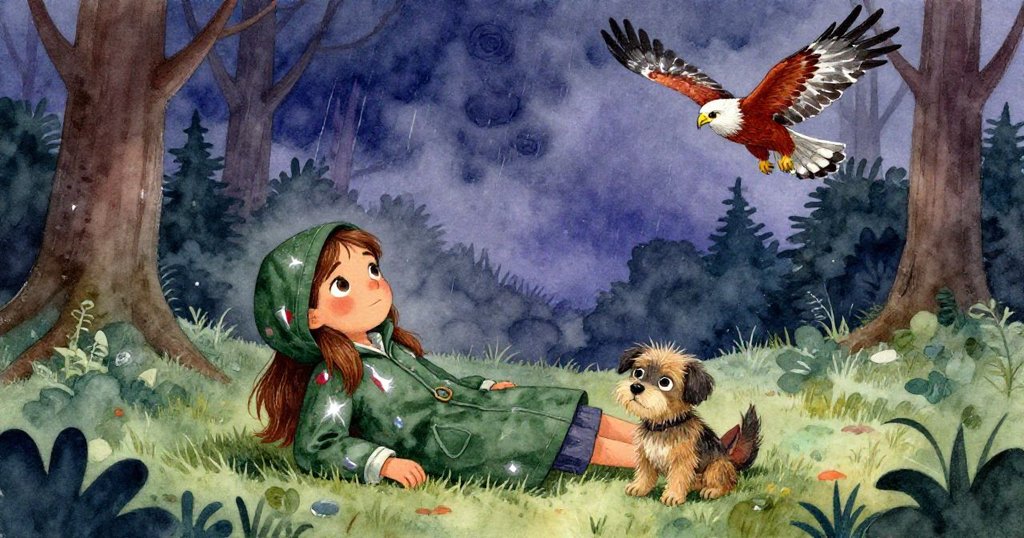 雨過天晴後，勞拉與小狗依偎在森林開闊處，鷹飛雲間象徵新生希望，氣氛溫暖寧靜。
