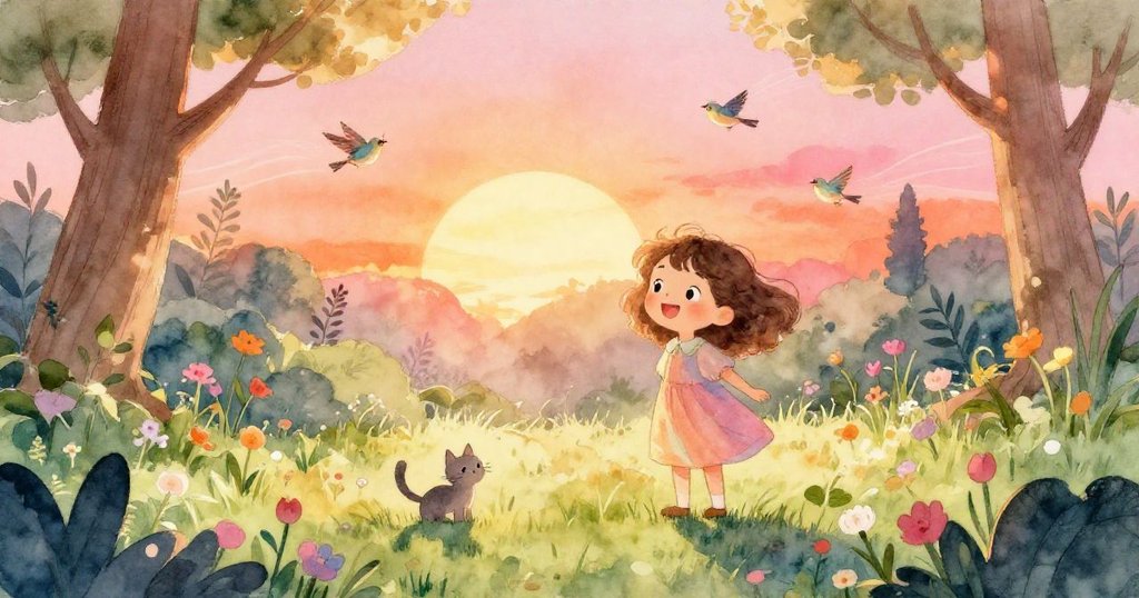 莎拉在晨曦中走進綠意盎然的花園，發現一隻小貓，鳥兒歌唱，陽光灑落樹影斑駁，充滿期待與喜悅。