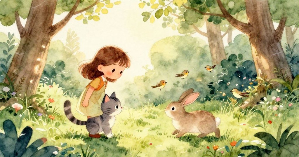 莎拉溫柔撫摸小貓，手部細節逼真，貓毛柔軟，背景隱約展現花園氣息，充滿愛與溫暖。