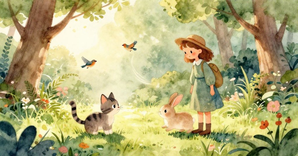 小貓注視兔子在紅色蕁麻旁跳躍，分格呈現彼此互動，充滿好奇與活力，花園景致豐富動人。