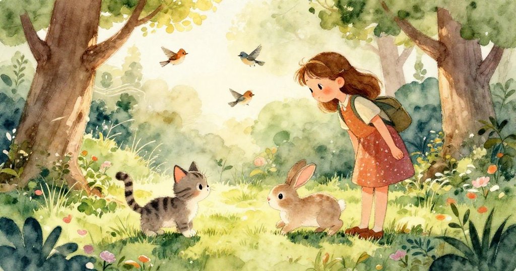 小貓急奔，兔子躲入柔軟灌木中，神秘聲音引起戲劇性轉折，花園中動感與懸疑並存。