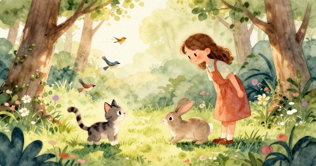 戴帽子的快樂狗跳入花園，與兔子和小貓熱情互動，驚喜與友誼在陽光下展露無遺，氣氛輕快。