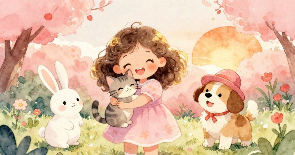 莎拉熱情擁抱小貓、兔子與戴帽狗，溫馨花園中展現團結與愛意，陽光下喜悅洋溢，充滿希望與幸福。