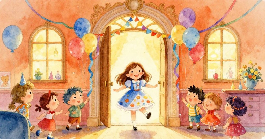 安娜充滿期待地穿過裝飾華麗的拱門迎接生日派對來賓，室內彩帶飛舞、氣球繽紛，洋溢著溫暖喜悅。