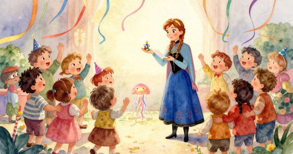 安娜專注地用手握住發光玩具，背景中彩帶輕舞，呈現出生日派對迷人與神秘的氛圍。