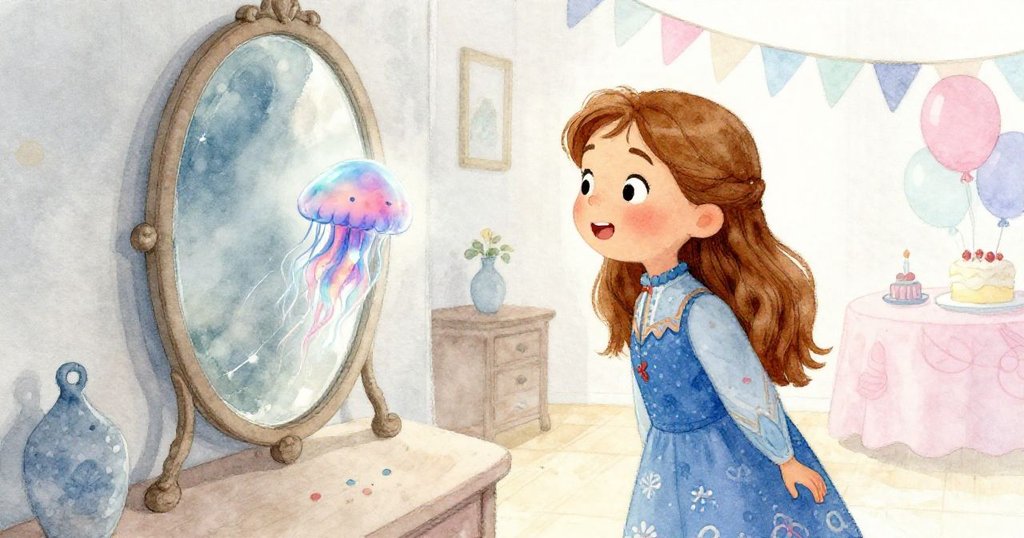 安娜站在鏡前驚奇凝望著閃爍變色的小水母，發光玩具映襯下派對充滿奇幻魔力。