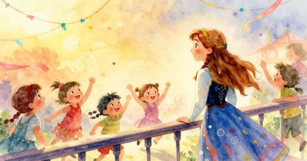 從陽台俯瞰派對現場，安娜深情注視著下面快樂跳舞的孩童和彩帶飄揚，夕陽增添溫馨光彩。