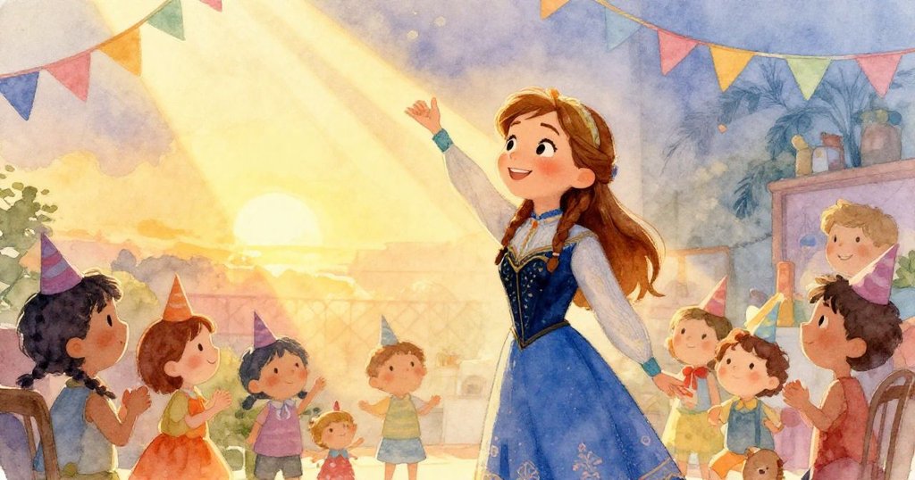 夕陽溫柔灑入派對房間，安娜帶著平靜笑容回味精彩慶典，孩子們靜享餘暉，場景滿溢溫情與希望。