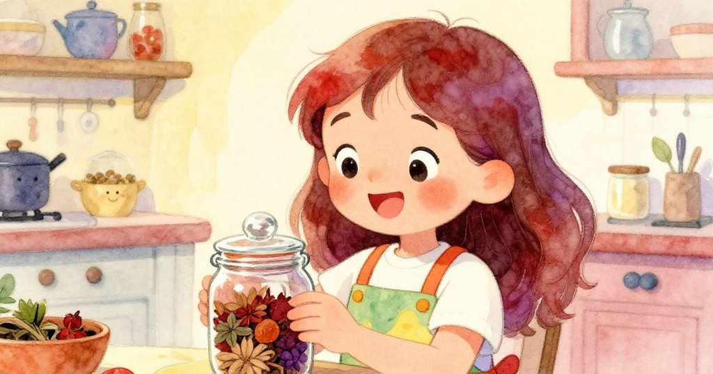 艾瑪近距離展現驚喜與好奇,手捧稀有香料瓶,背景明亮現代廚房散發歡樂與期待情緒