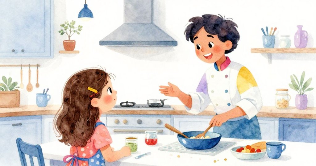 艾瑪從背後仔細聆聽導師分享秘密廚藝技巧,現代廚房充滿互動氛圍,雙方專注情感真摯