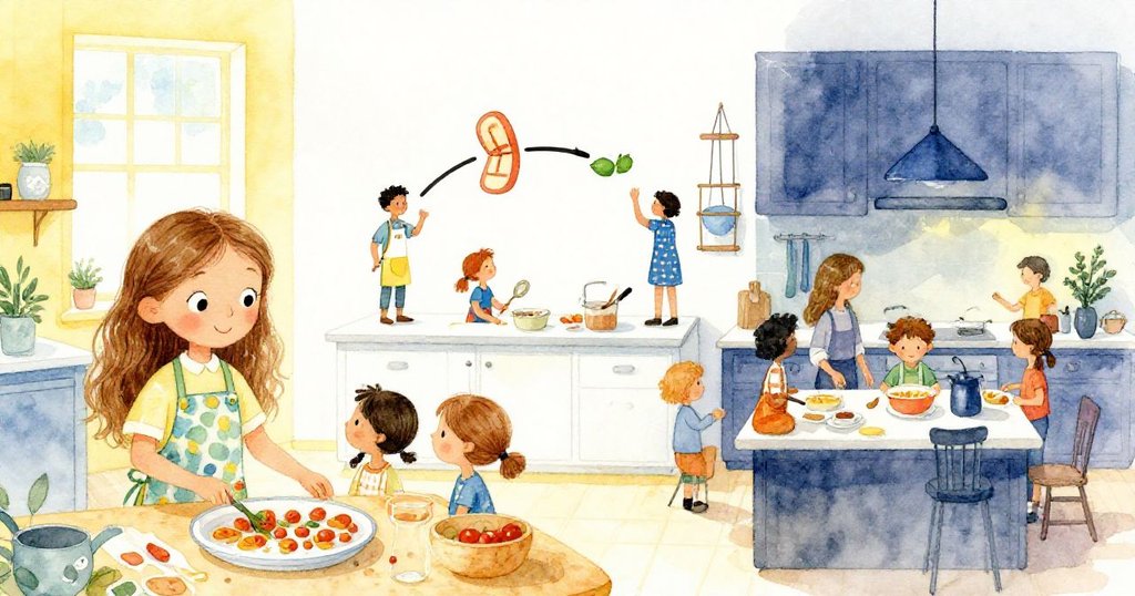 廚房從晨光過渡到晚霞,艾瑪與同學及家庭齊聚慶祝烹飪盛會,溫馨慶典洋溢歡樂氛圍