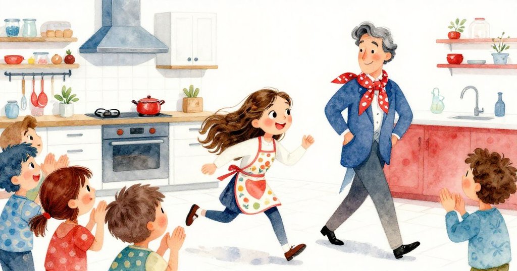 神秘來賓急速進入廚房,艾瑪與同學驚喜拍手歡呼,場景充滿活力與意外驚喜