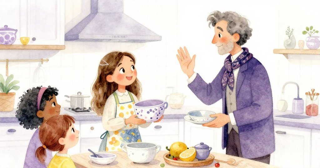 神秘來賓揮手告別並分送手工廚具,艾瑪與同學滿面笑容致謝,溫馨廚房中展現情誼與感激