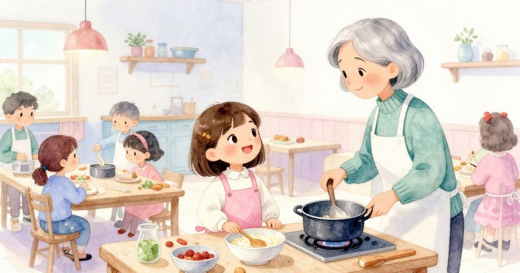 莉拉坐在社區中心廚房角落靜聽老師講解，桌上鍋具與食譜細節展現，她臉上充滿好奇與溫柔期待。