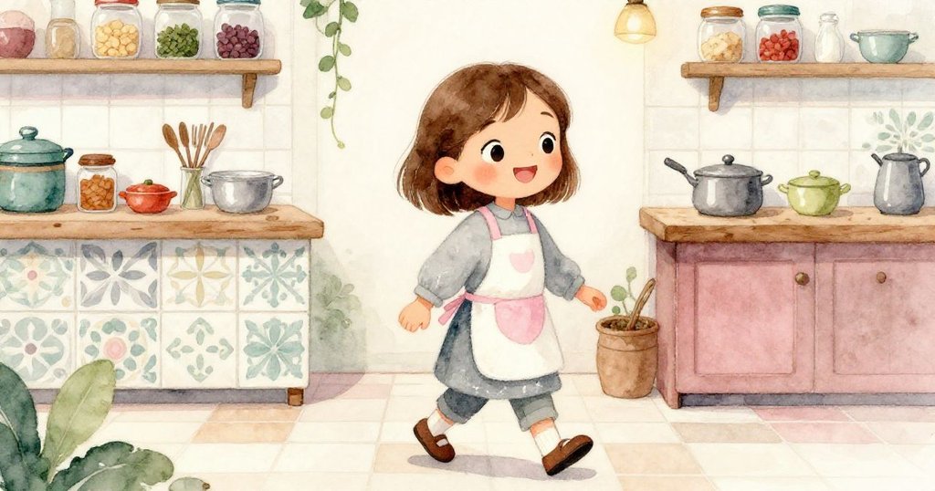 莉拉在工作坊中自信前行，腳步印在柔和瓷磚上，桌上鮮豔香料與食譜細節展現探索與動感。