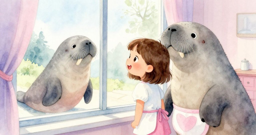 莉拉站在大窗前，臉上充滿驚訝和好奇，窗外溫柔海象緩步走來，室內外光影柔和交織。