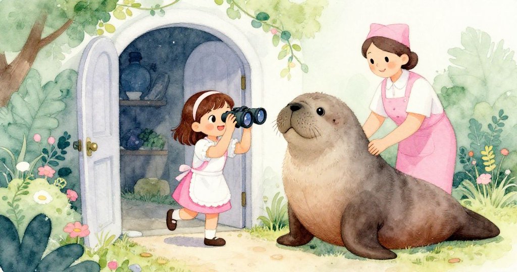 莉拉從隱蔽側門走出，手持望遠鏡專注觀察友善海象，小徑和藤蔓營造秘密花園般神秘溫馨氣息。