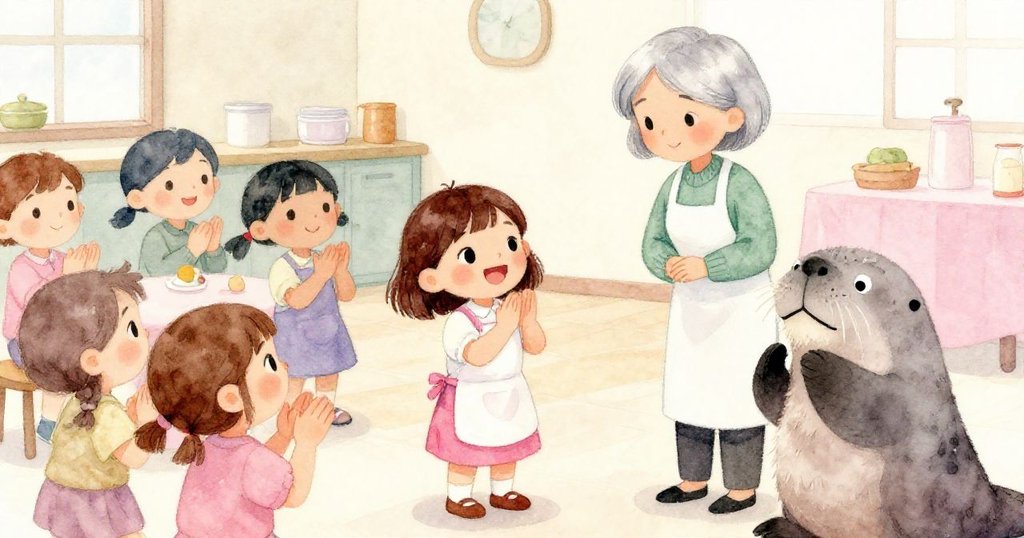 社區中心內熱烈慶祝，眾人鼓掌讚美莉拉迎接可愛海象，大家臉上洋溢著喜悅與溫暖節慶氣氛。