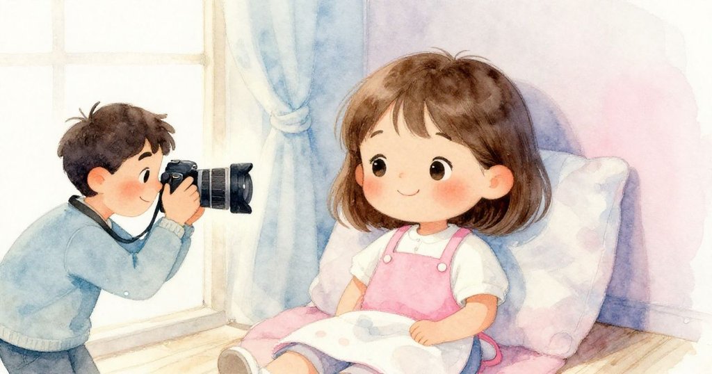 傍晚時分，莉拉在溫馨角落安靜休息，帶著滿足微笑，攝影師靜靜捕捉美好記憶，場景安詳柔和。