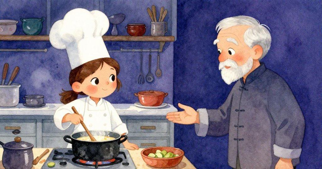 薩曼莎在廚房中充滿專注攪拌食材，畫面右側回憶李老師溫情指導，兩種情感交織展現成長瞬間。