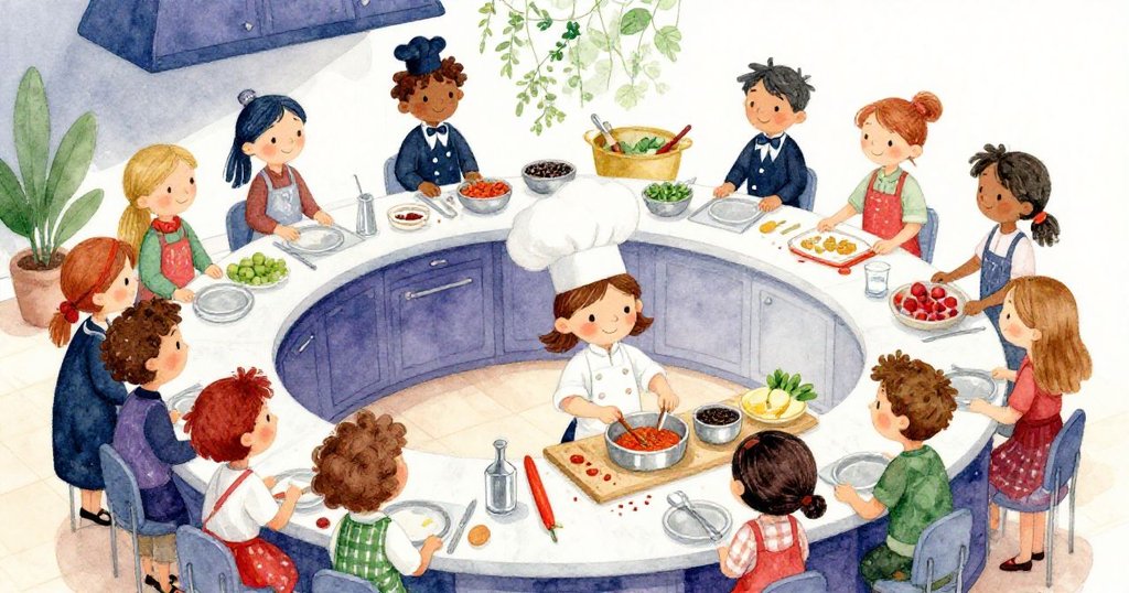 從高處俯瞰比賽現場，薩曼莎自信操作調味，評審專注注視，熱鬧場景中展現追夢的堅定信心。