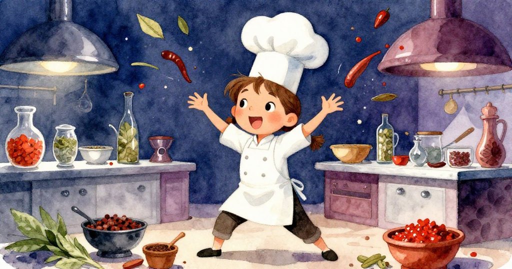 薩曼莎在比賽現場中生動嘗試大膽香料，動態姿勢展現追夢神采，場面充滿活力與創新激情。