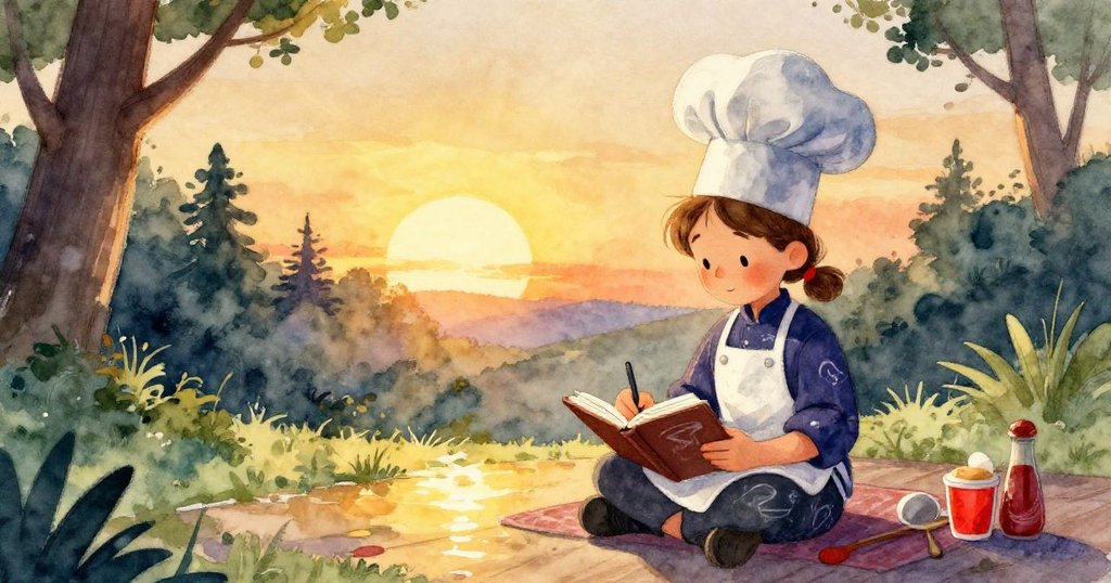 薩曼莎於夕陽餘暉中靜坐冥想，溫暖光線映襯出細膩情感，筆記下成長收穫，展現未來無限希望。