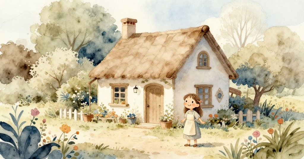 莉莉在明媚午後奔向鄰家，房屋外觀溫馨，花園鮮花盛開，充滿期待與活力的氛圍。