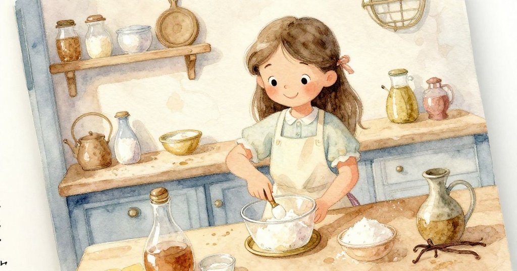 莉莉在溫馨廚房中傾斜視角攪拌材料，面帶專注笑容，香草與糖霧繚繞出奇妙烘焙氛圍。