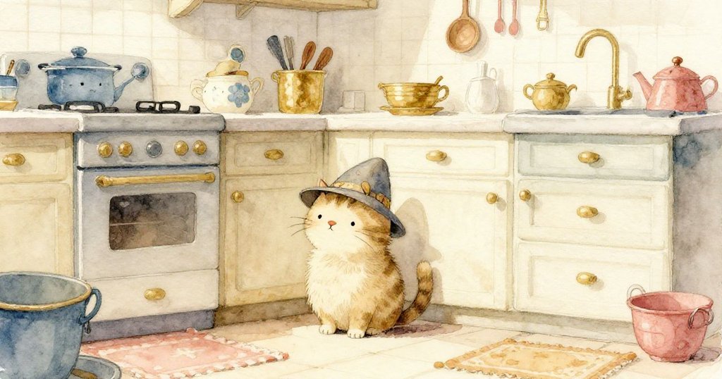 廚房隱蔽角落裡，小貓戴著迷你帽子悄然探出頭來，溫暖而神秘的光影中充滿驚喜與好奇。