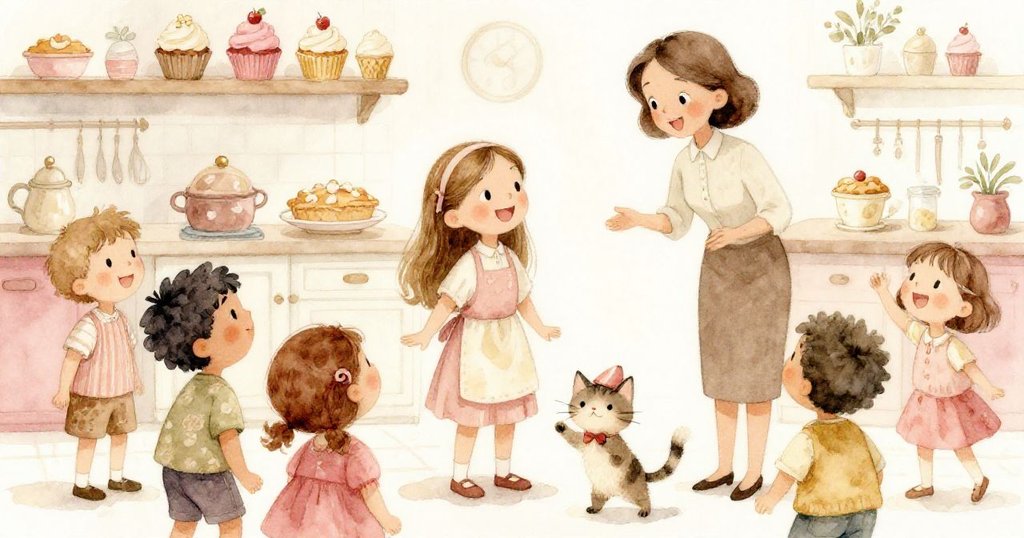 莉莉、老師與朋友們在廚房中熱烈慶祝，甜點琳琅滿目，小貓愉快起舞，大家臉上洋溢著幸福與創造力。