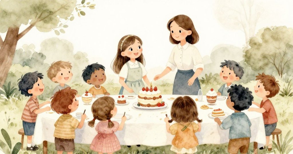 在夕陽餘暉下，莉莉、老師與鄰居齊聚桌旁，分享甜蜜回憶，彼此擁抱，溫馨喜悅彌漫全場。