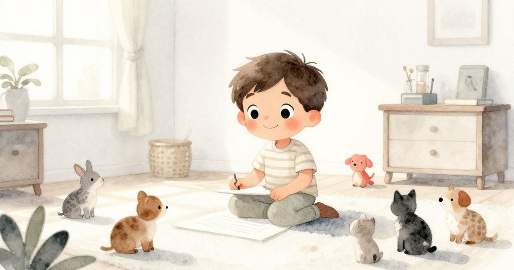 在溫馨明亮的家中，男孩快樂地揮動畫筆，與小動物熱鬧互動，背景充滿藝術氣息與夢想的希望。