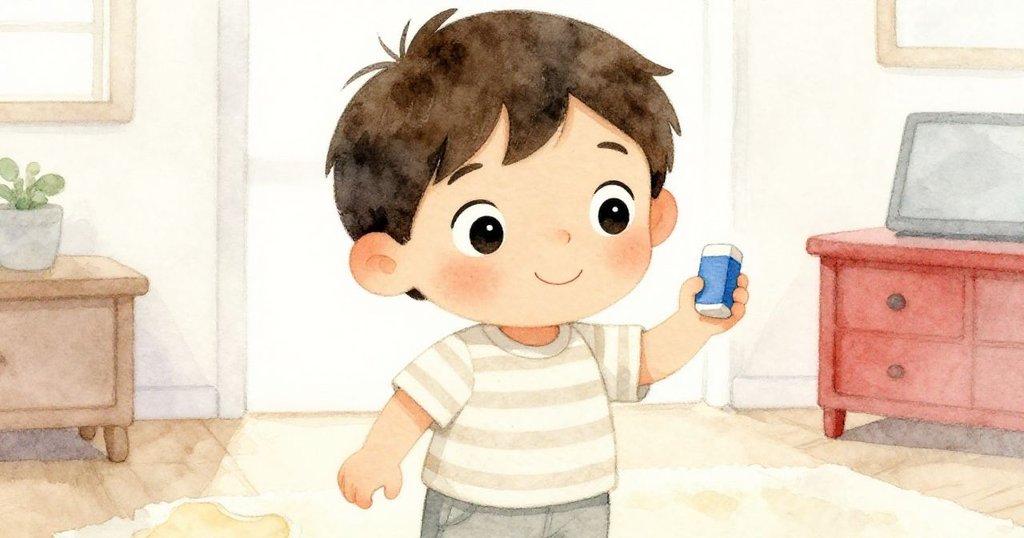 男孩專注微笑，拿著藍色橡皮擦，溫暖室內光線中展現出創作喜悅，背景隱約呈現家的溫馨氣息。