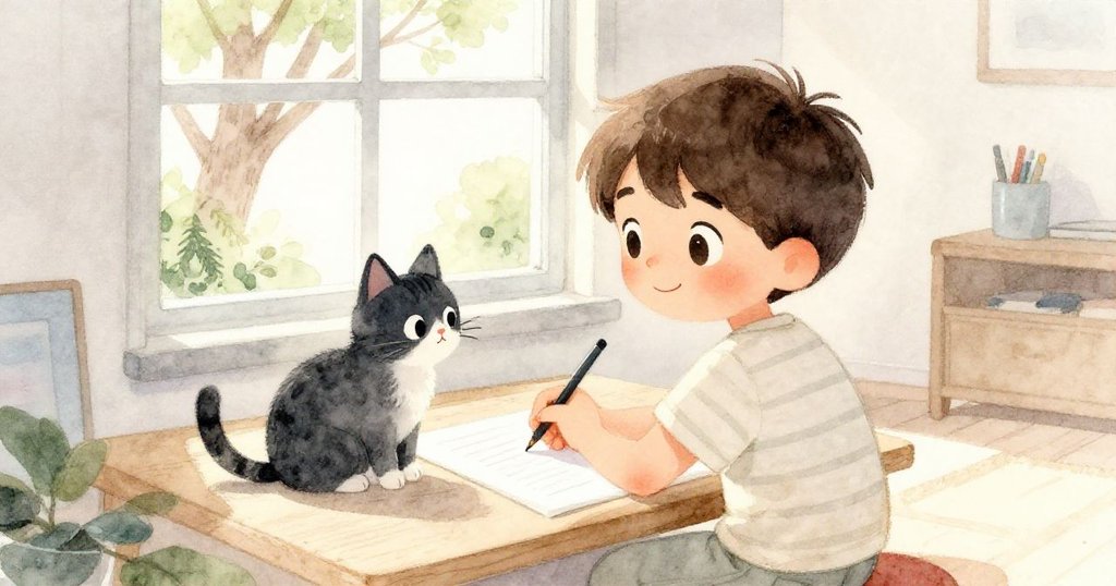 從男孩肩後角度看，他專心繪製可愛貓咪，窗外樹影與陽光交織，創作中透出期待與溫暖的氣氛。