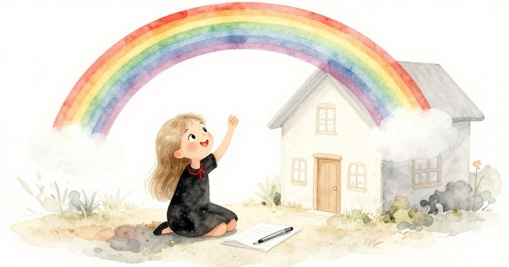 從高處俯瞰，女孩在明亮家旁高興畫畫，仰望美麗彩虹，充滿夢想與靈感，呈現出溫暖愉悅的情境。