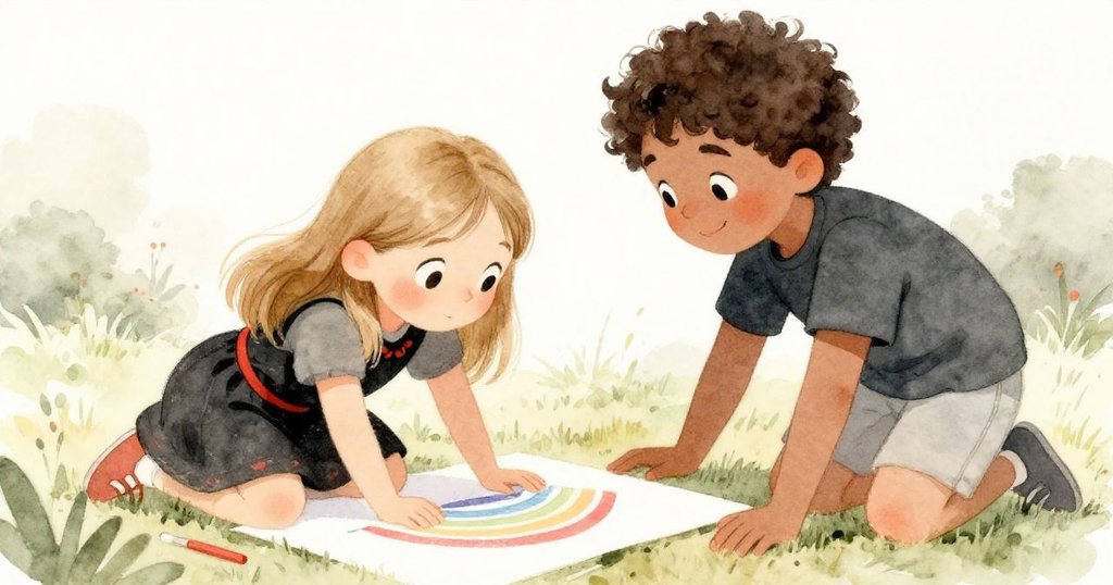 女孩在挑選顏色畫彩虹時略顯困惑，好友走近扶持，兩人齊心協力面對創作挑戰，充滿溫暖互助情誼。