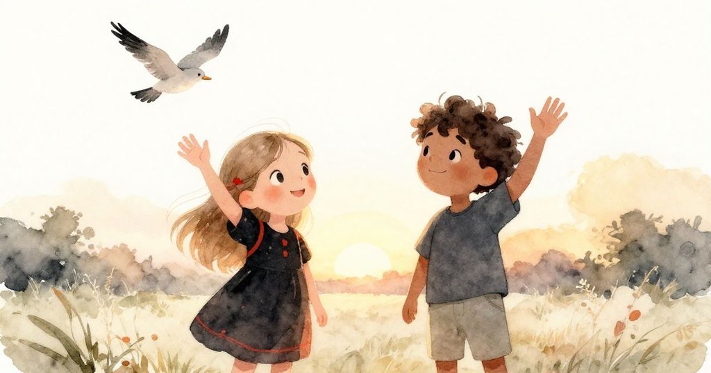 在黃昏微光下，女孩與好友揮手告別，一隻鳥兒飛翔，結束了一天滿懷創意與歡笑、夢想共享的美好時光。